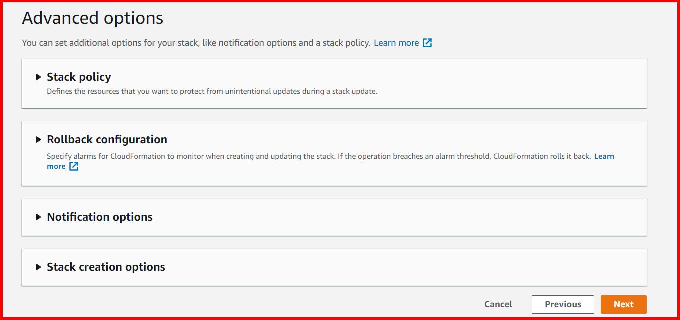 Picture showing the advanced options screen while creating the stack
